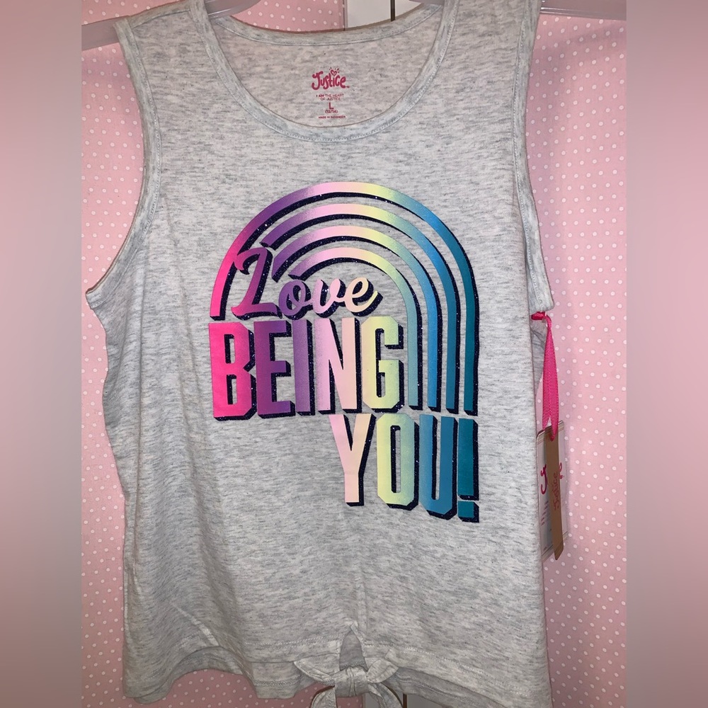 Girls size L 12-14 tank top. Rainbow graphics says “ LOVE BEING YOU” sparkly fun